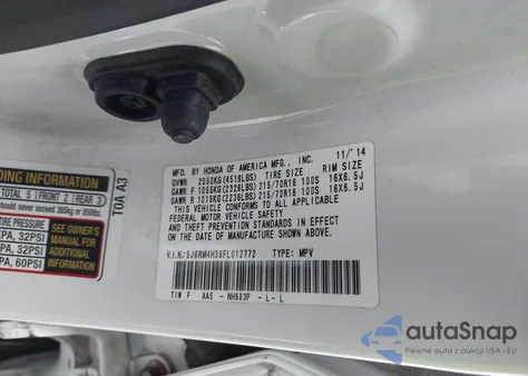 2015 Honda Cr-V Lx z USA, uszkodzony, nr VIN 5J6RM4H38FL012772